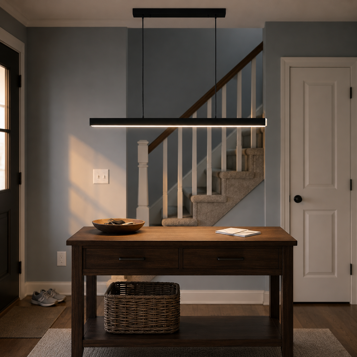 Black linear pendant light illuminating a wood console table beside a staircase and entry door.