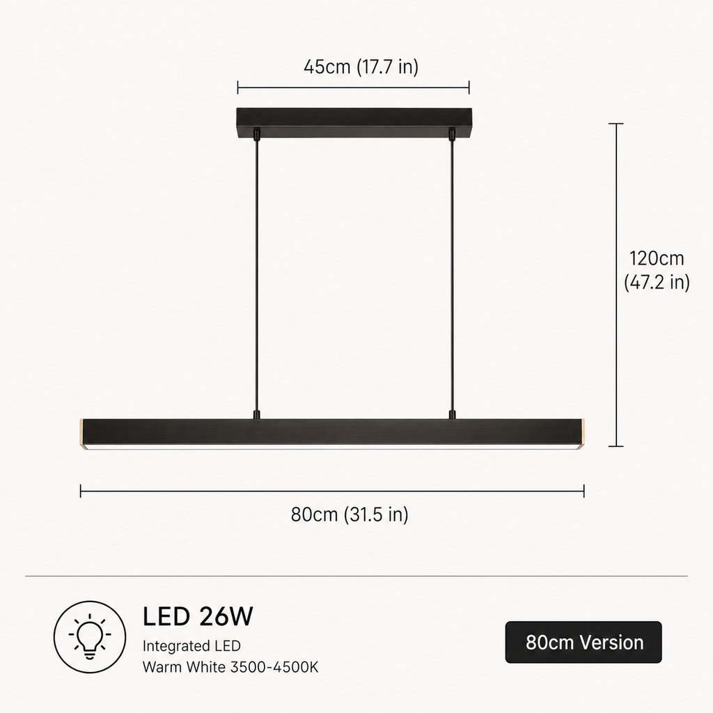 Linear pendant light dimension diagram showing the fixture width, canopy width, and adjustable hanging height.