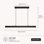 Linear pendant light dimension diagram showing the fixture width, canopy width, and adjustable hanging height.