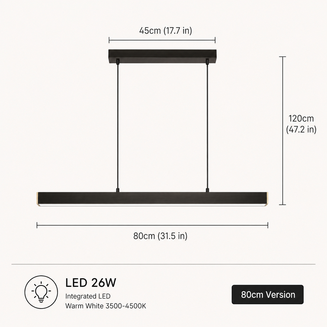 Linear pendant light dimension diagram showing the fixture width, canopy width, and adjustable hanging height.