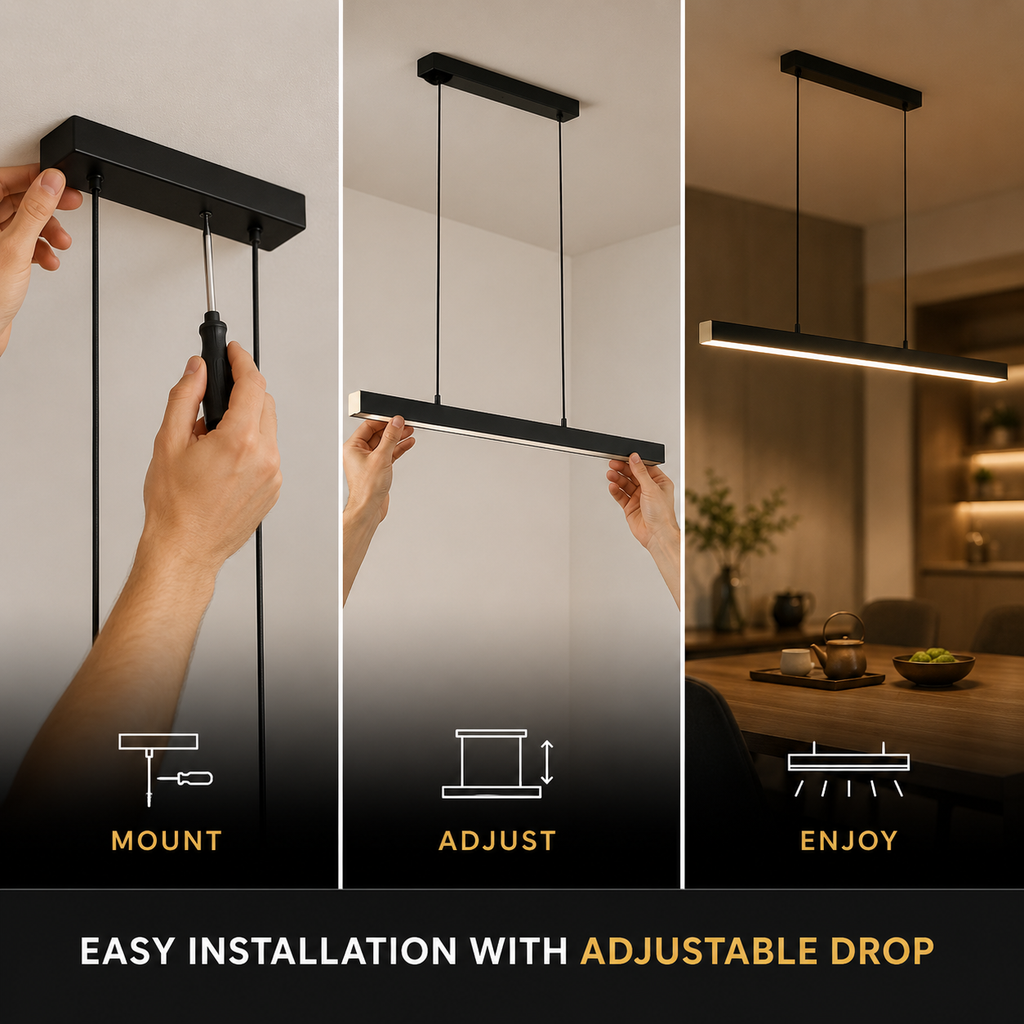 Linear pendant light installation graphic showing ceiling mounting, drop adjustment, and the finished fixture.