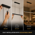 Linear pendant light installation graphic showing ceiling mounting, drop adjustment, and the finished fixture.