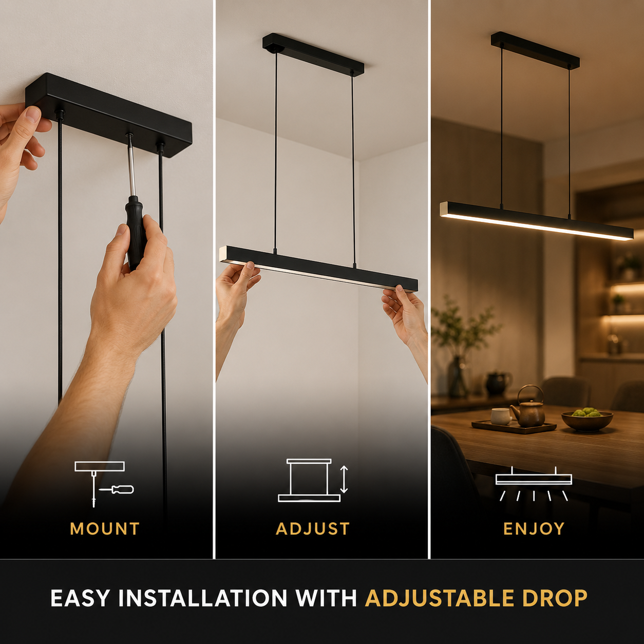 Linear pendant light installation graphic showing ceiling mounting, drop adjustment, and the finished fixture.