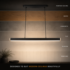 Black linear pendant light shown with adjustable suspension lengths for different ceiling heights.