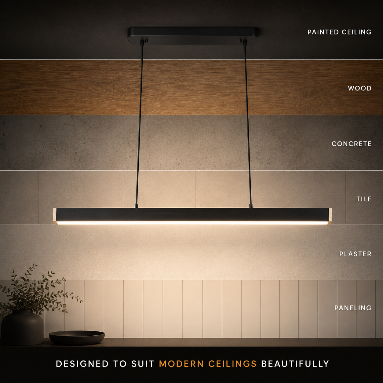 Black linear pendant light shown with adjustable suspension lengths for different ceiling heights.