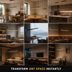 Linear pendant light displayed across a grid of dining, kitchen, office, and living room interiors.