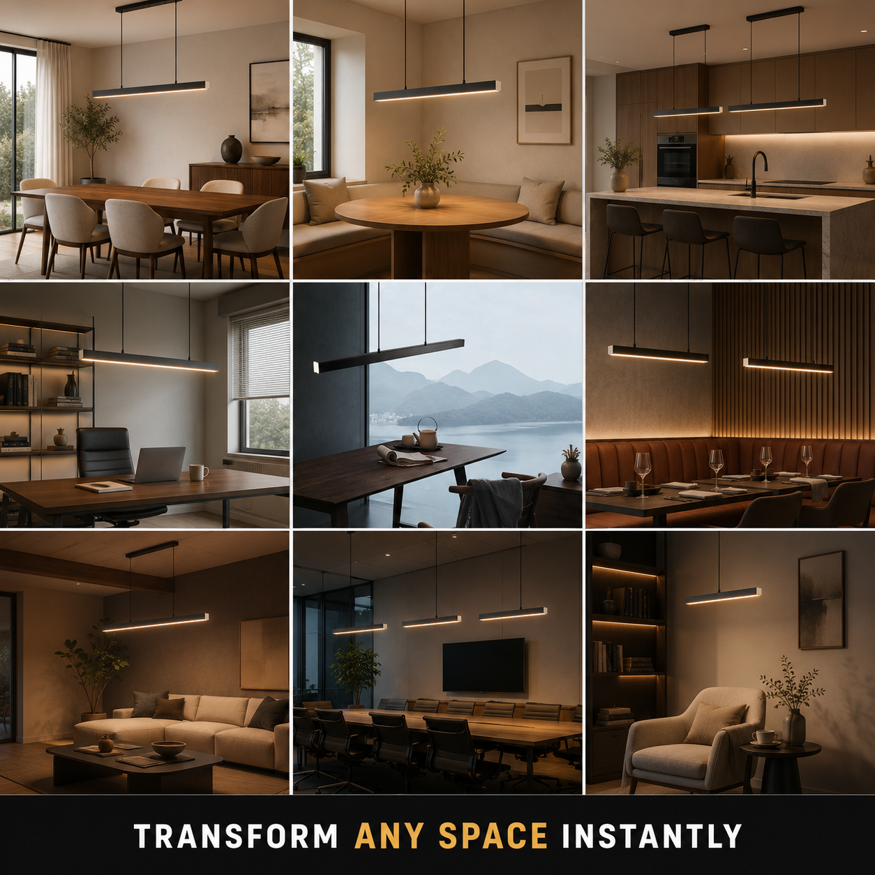 Linear pendant light displayed across a grid of dining, kitchen, office, and living room interiors.