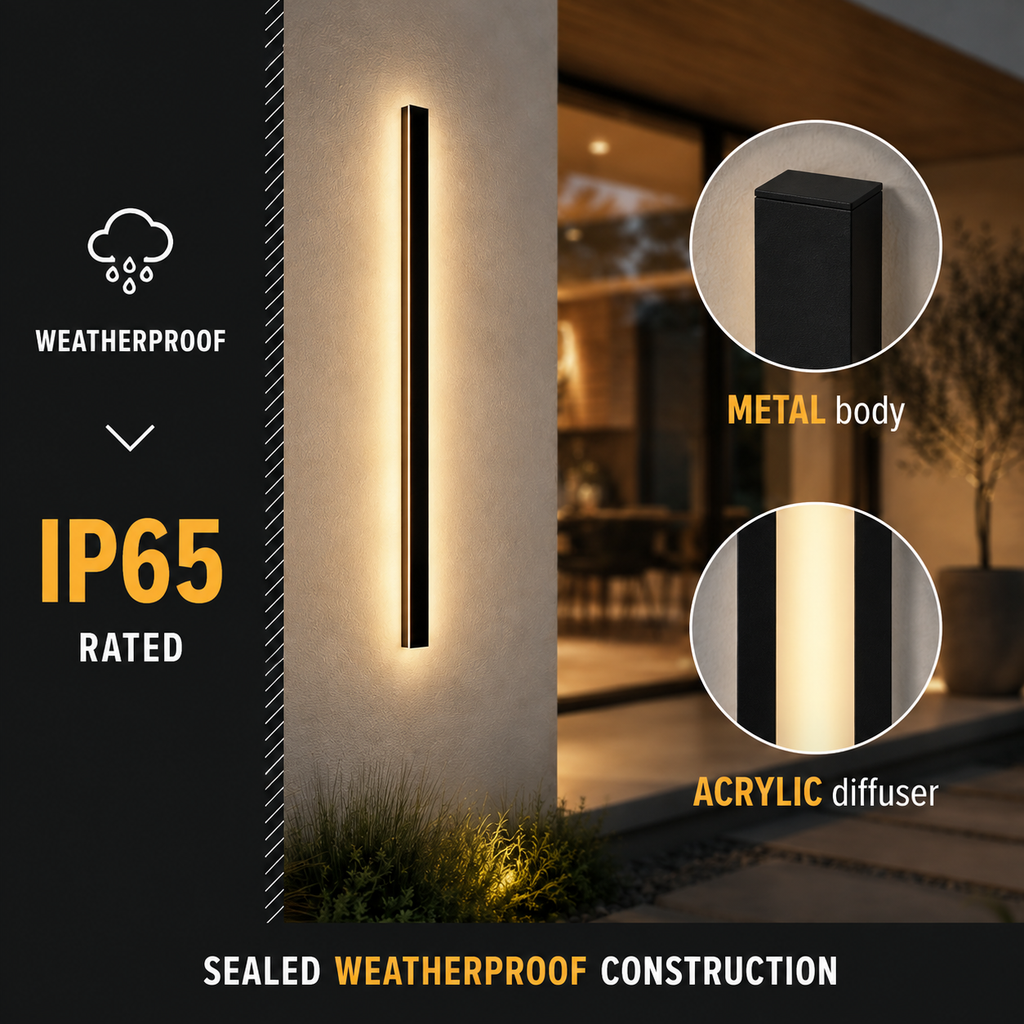 Wall sconce in an IP65 graphic with water and weather detail circles.