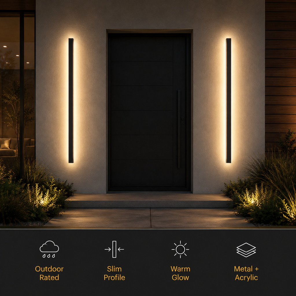Two wall sconce fixtures glowing on a dark exterior wall above feature icons.