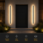 Two wall sconce fixtures glowing on a dark exterior wall above feature icons.