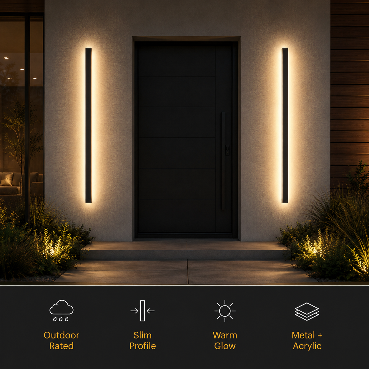 Two wall sconce fixtures glowing on a dark exterior wall above feature icons.