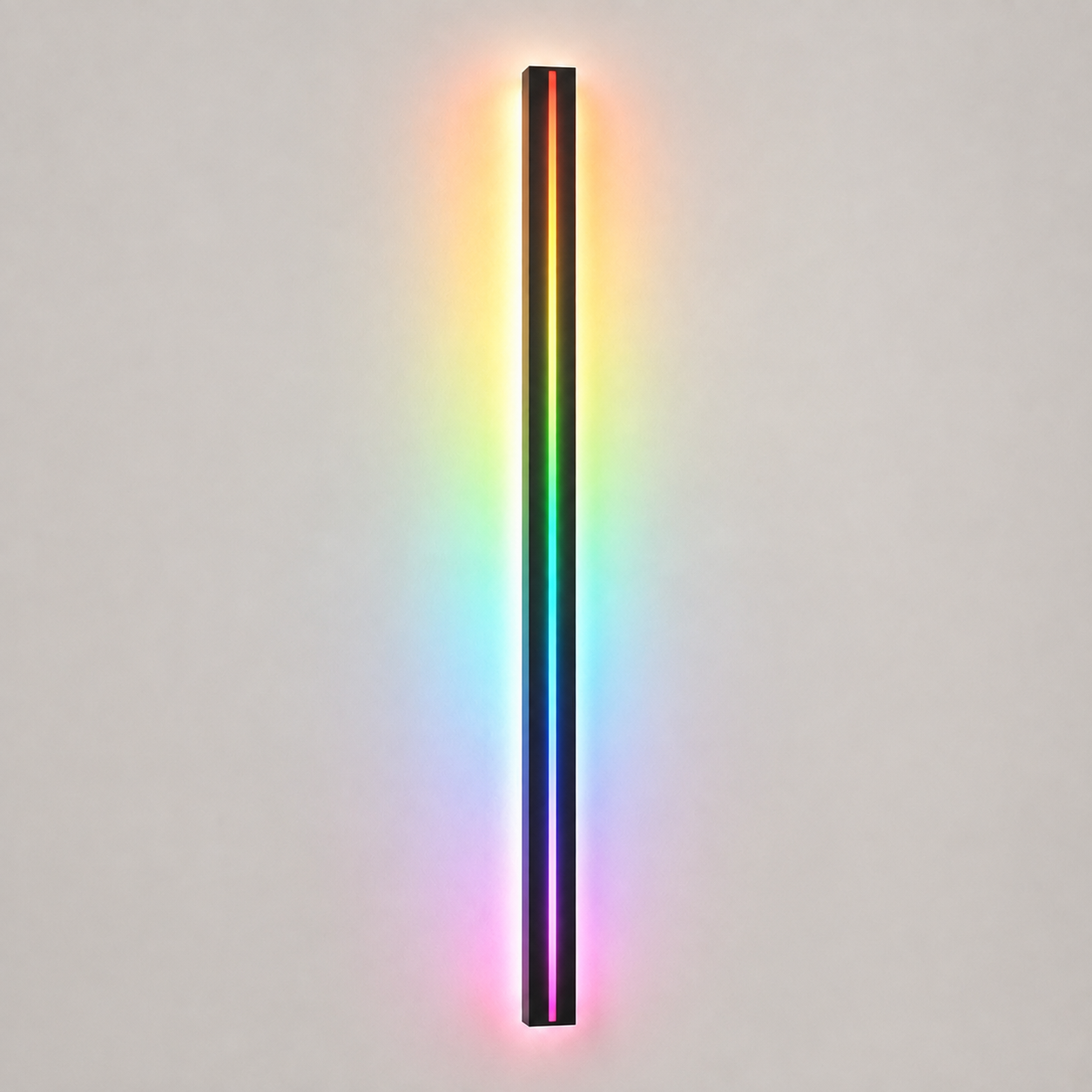 Black wall sconce casting a vertical RGB glow on a neutral background.