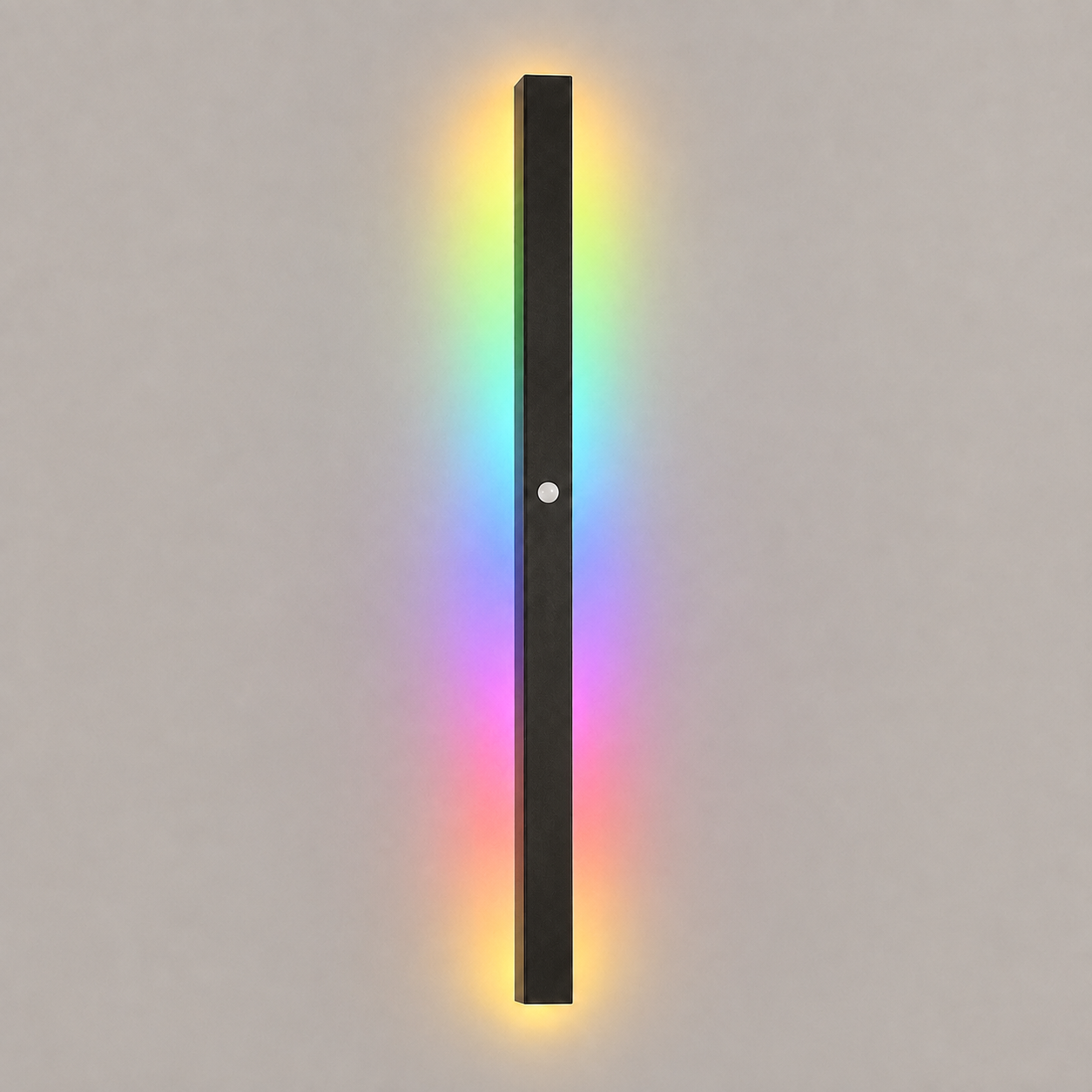 Slim black wall sconce casting RGB colored light with a motion sensor on a neutral background.