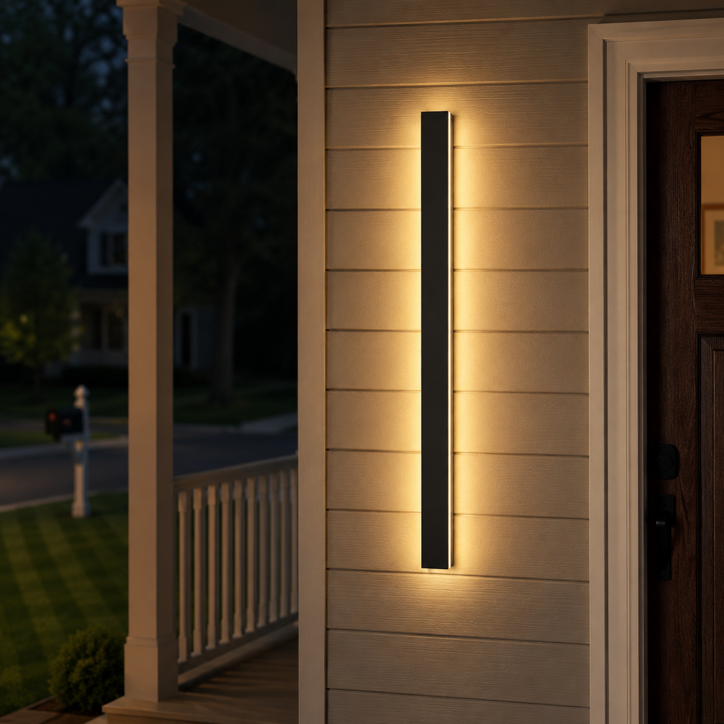 Vertical wall sconce casting warm light on a wooden exterior wall at dusk.
