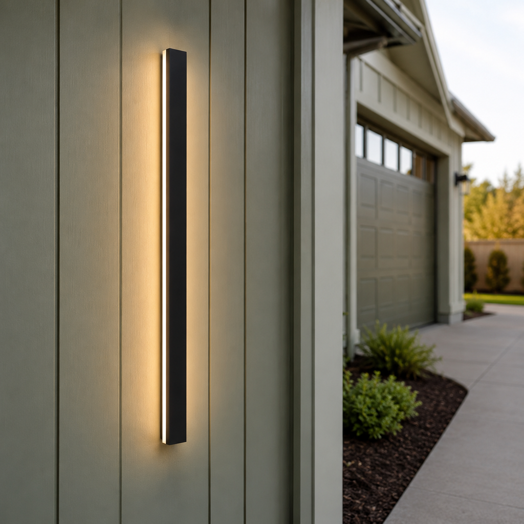 Slim wall sconce mounted beside a window on a white exterior wall.