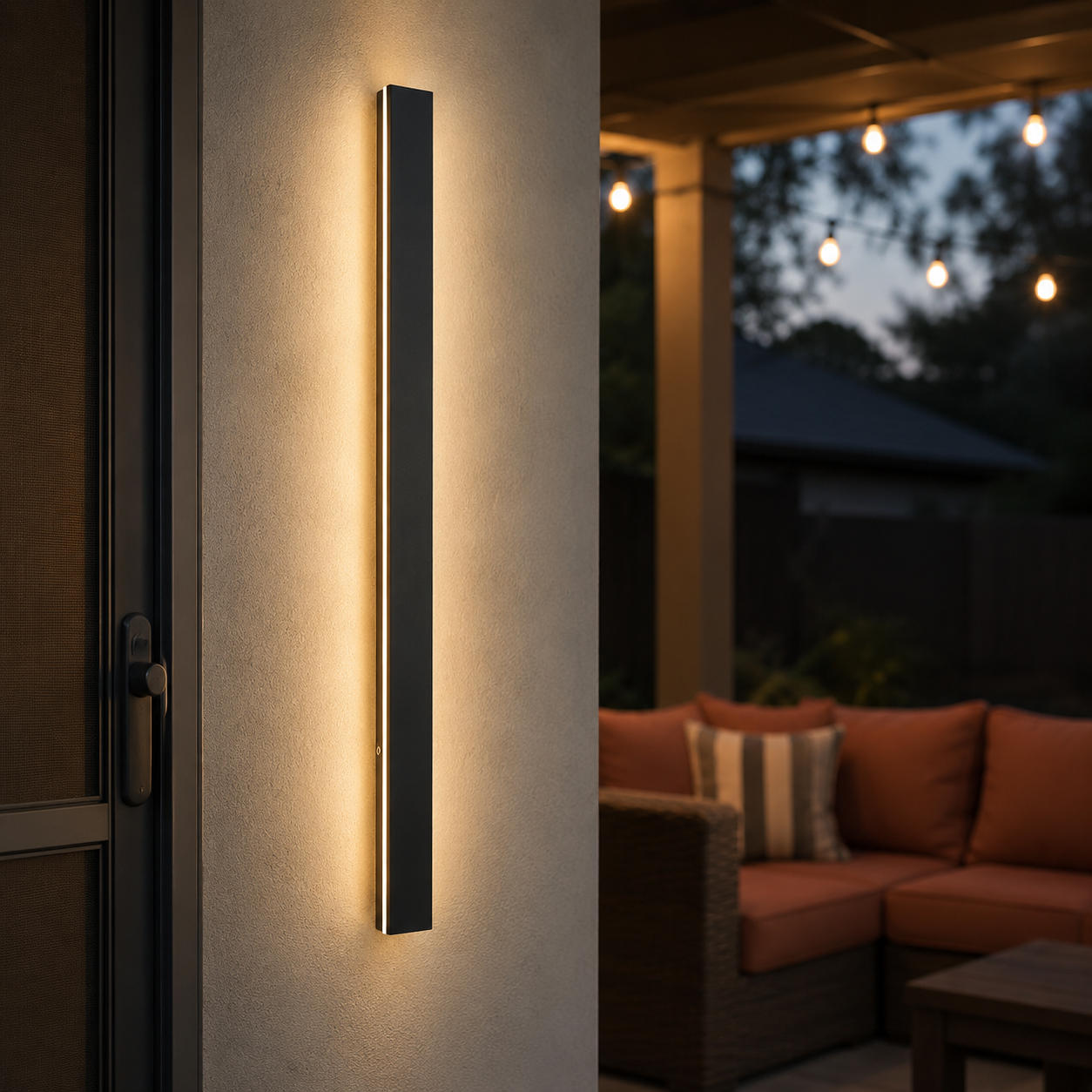 Black wall sconce casting warm light beside a sofa in a dark interior.