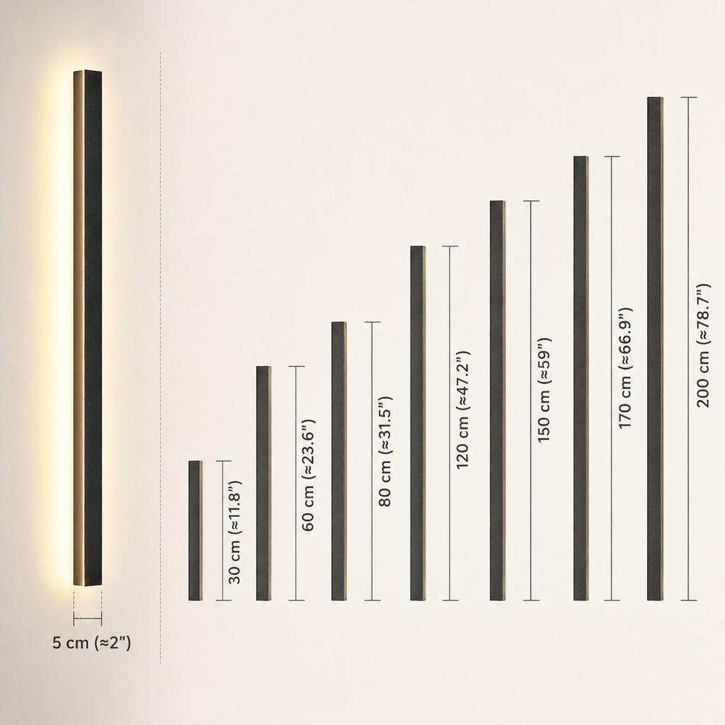 Wall sconce beside a vertical size chart showing multiple fixture lengths.