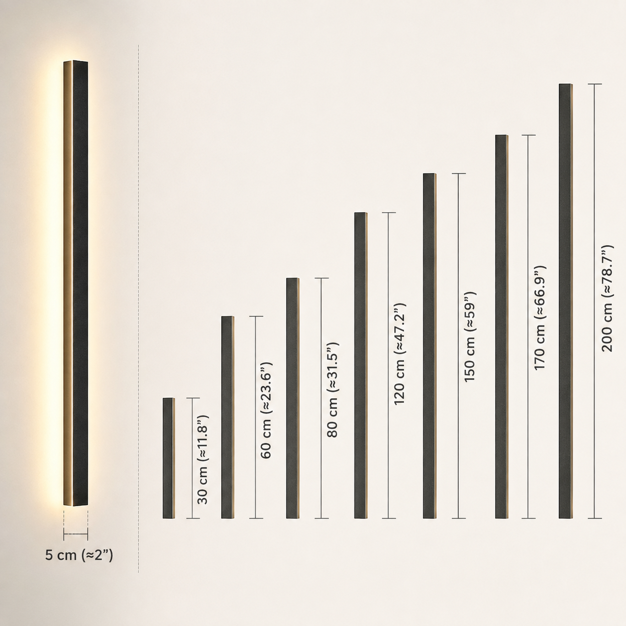 Wall sconce beside a vertical size chart showing multiple fixture lengths.