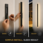 Wall sconce shown being mounted by hand in a three-step installation graphic.