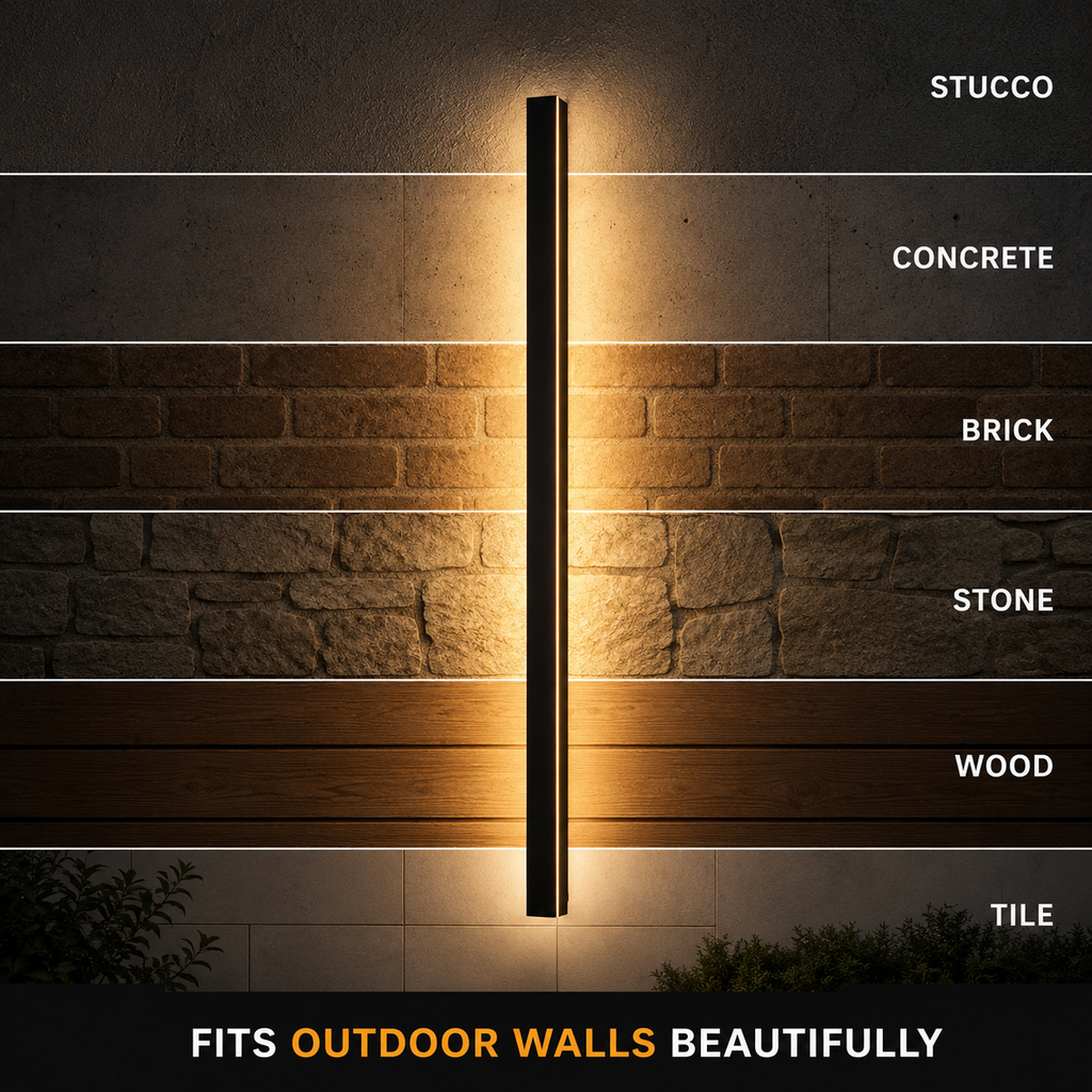 Slim black wall sconce glowing warm white across stucco, concrete, brick, stone, wood, and tile surfaces.