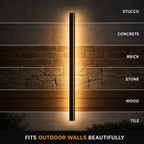 Slim black wall sconce glowing warm white across stucco, concrete, brick, stone, wood, and tile surfaces.