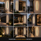 Wall sconce displayed in a grid of indoor and outdoor wall installations.