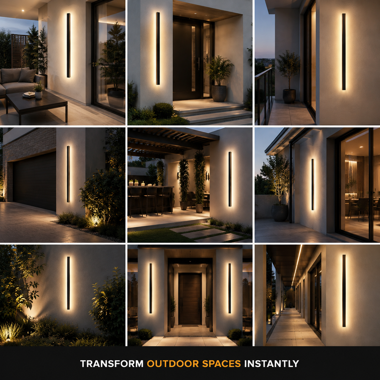 Wall sconce displayed in a grid of indoor and outdoor wall installations.