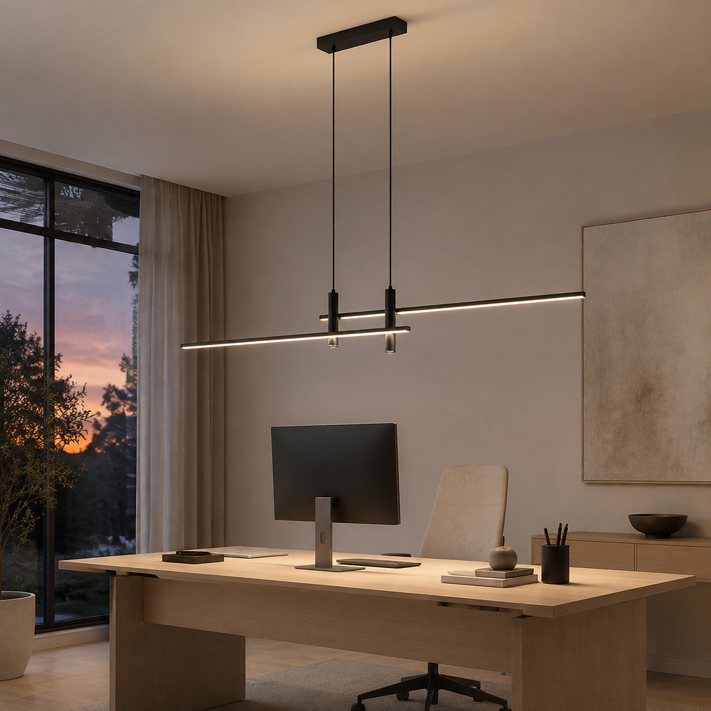 Black linear pendant light hangs above a streamlined desk in a modern home office.