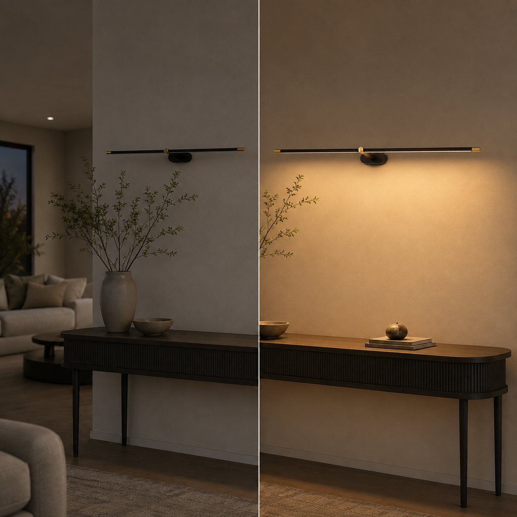 Linear wall sconce illuminating a neutral wall above a black console table and plants.