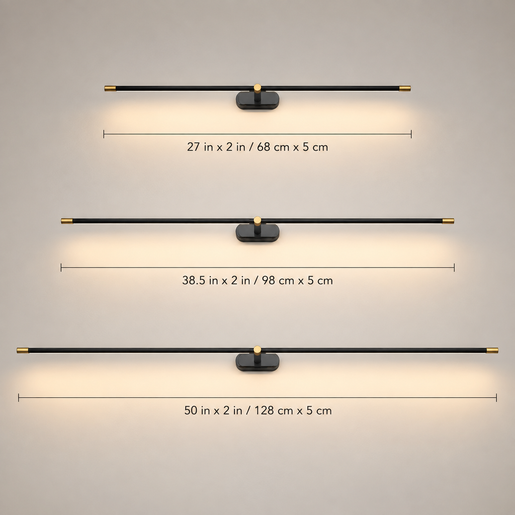 Linear wall sconce displayed in several bar lengths with labeled measurements.