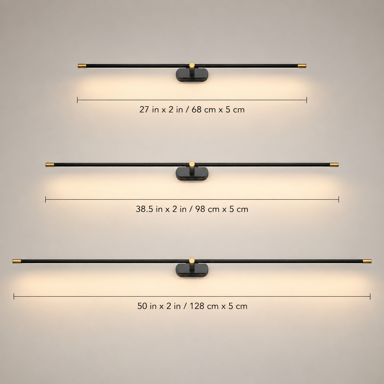 Linear wall sconce displayed in several bar lengths with labeled measurements.