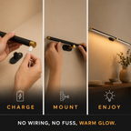 Linear wall sconce shown being charged, mounted, adjusted, and removed by hand.