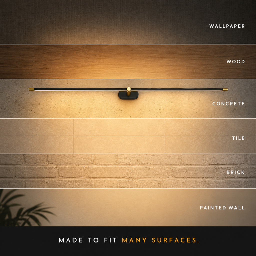 Linear wall sconce displayed with lighting spread and measurement details on a wood wall.