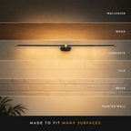 Linear wall sconce displayed with lighting spread and measurement details on a wood wall.