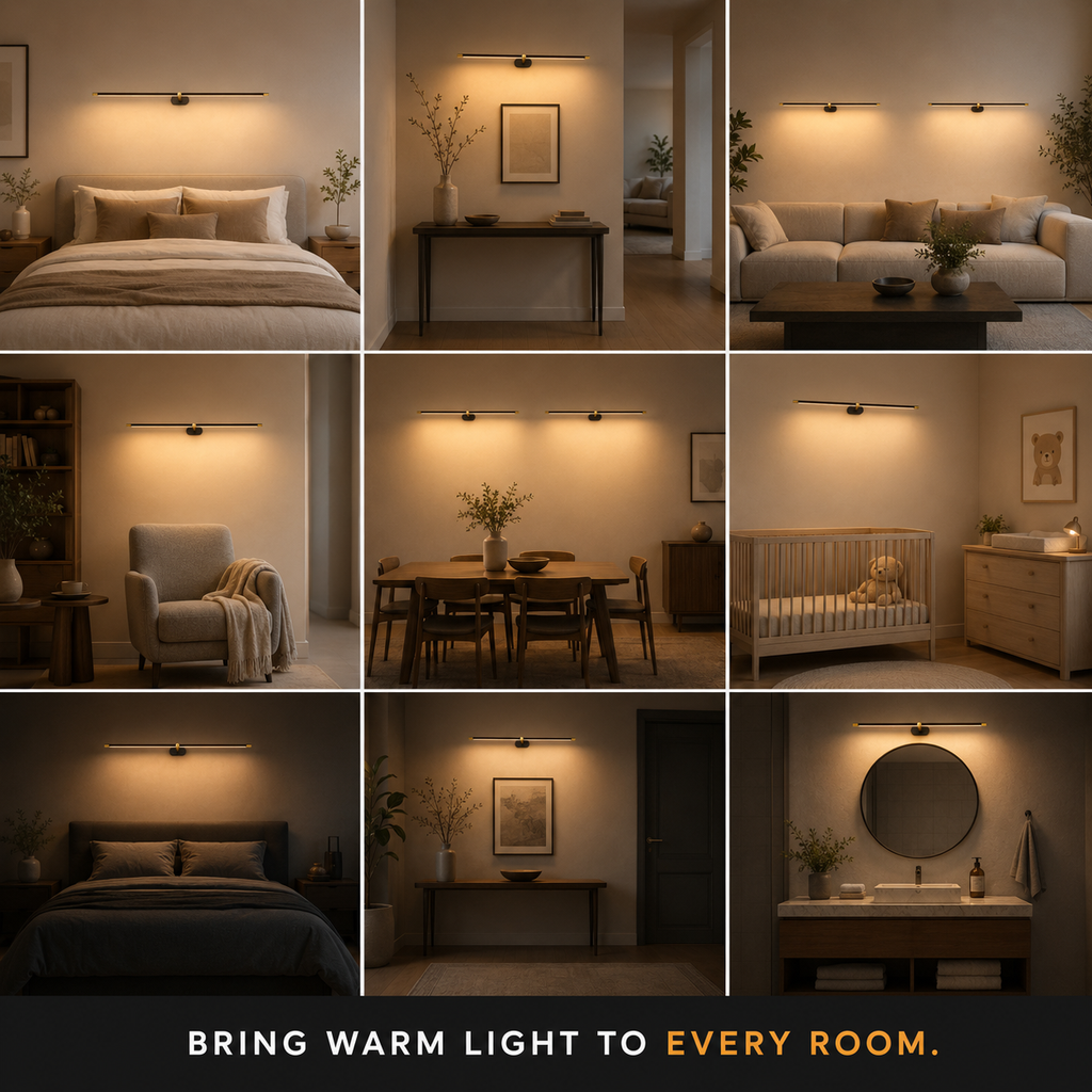 Linear wall sconce shown illuminating shelves, mirrors, artwork, and other interior spaces.