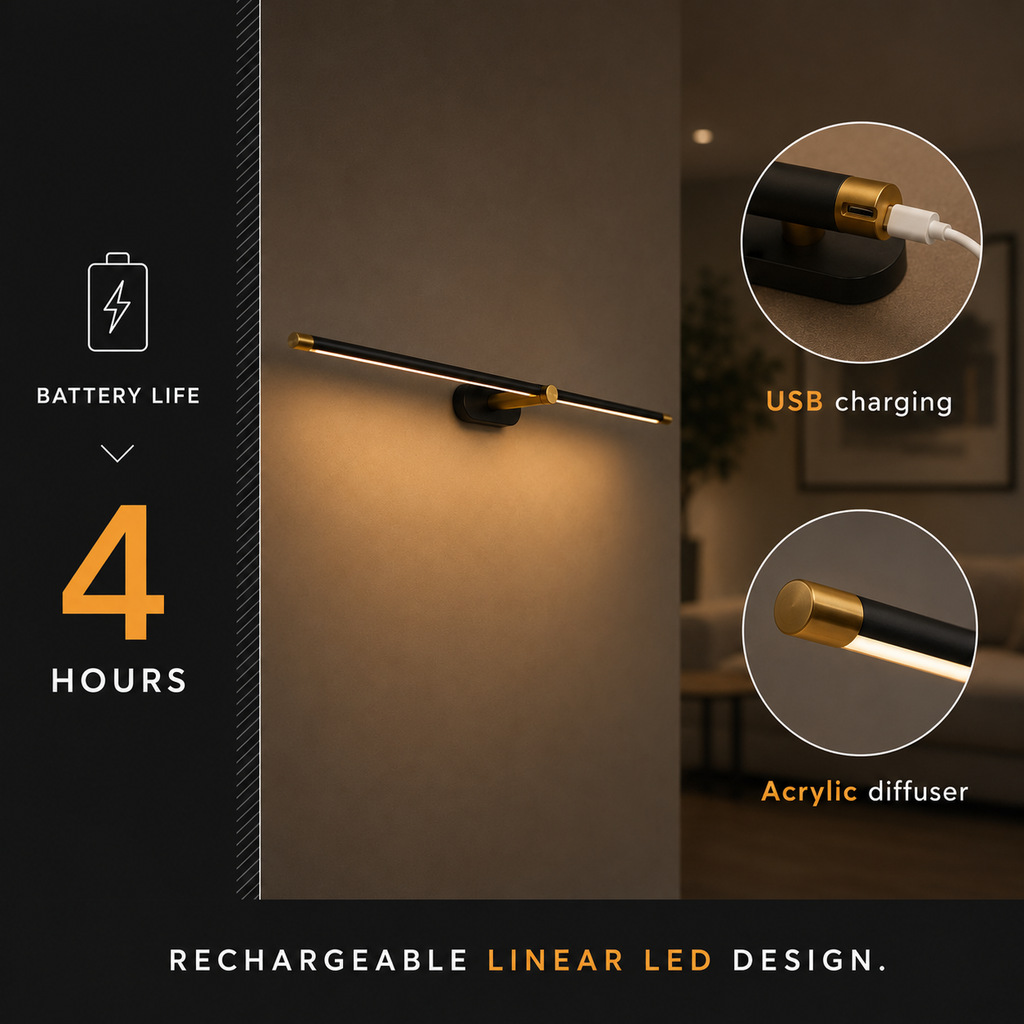Linear wall sconce with close-up views of its rotating bar and mounting components.