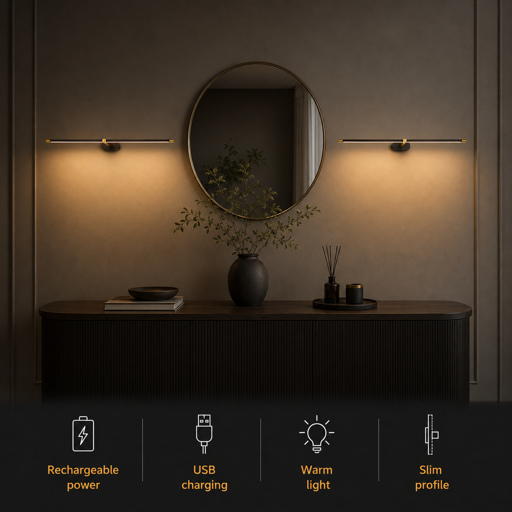 Linear wall sconce casting warm light above a round mirror with feature icons below.