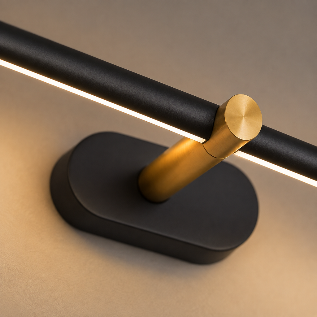 Linear wall sconce close-up showing the black mounting base and gold adjustment joint.