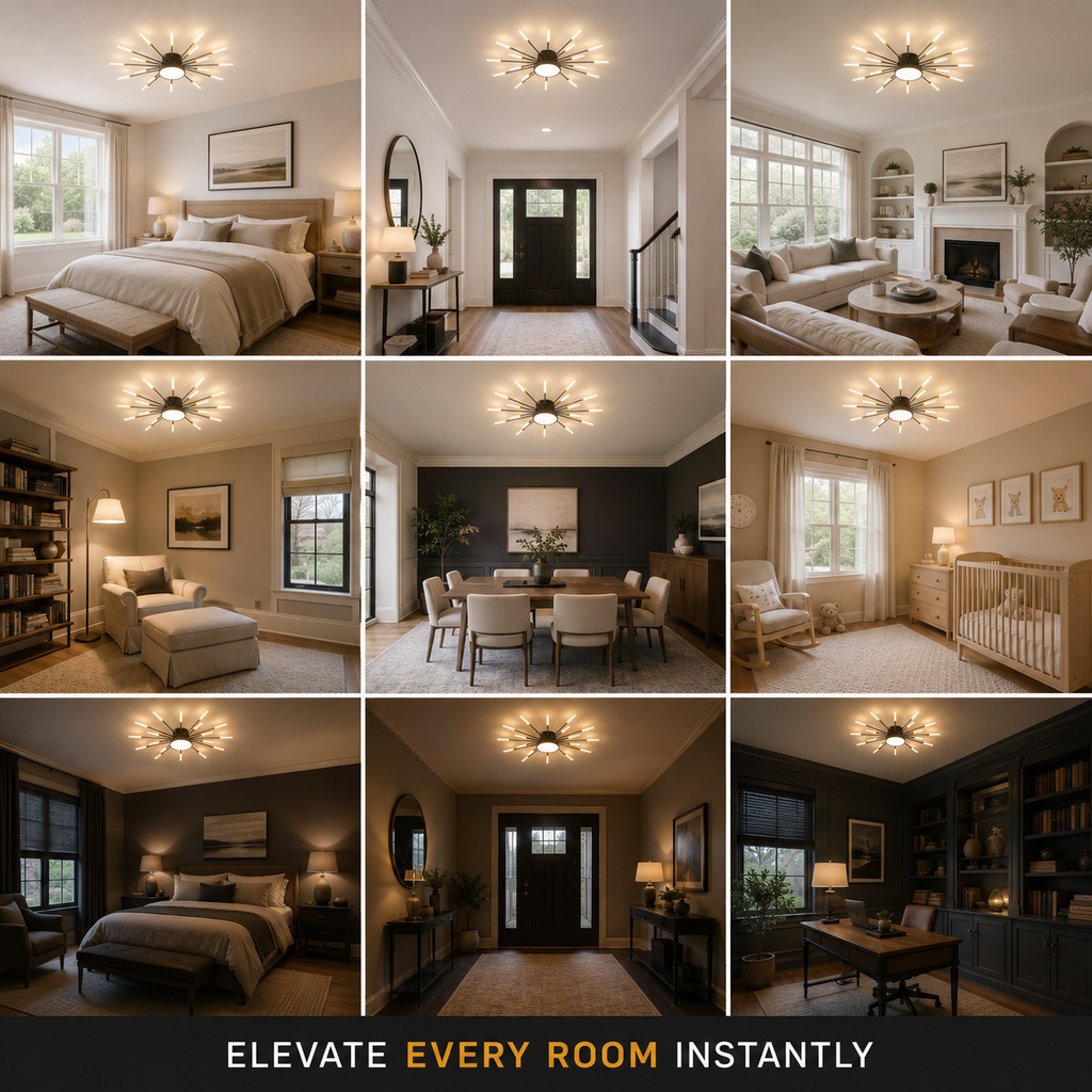 Ceiling light displayed across a nine-room grid of bright and dark interiors.