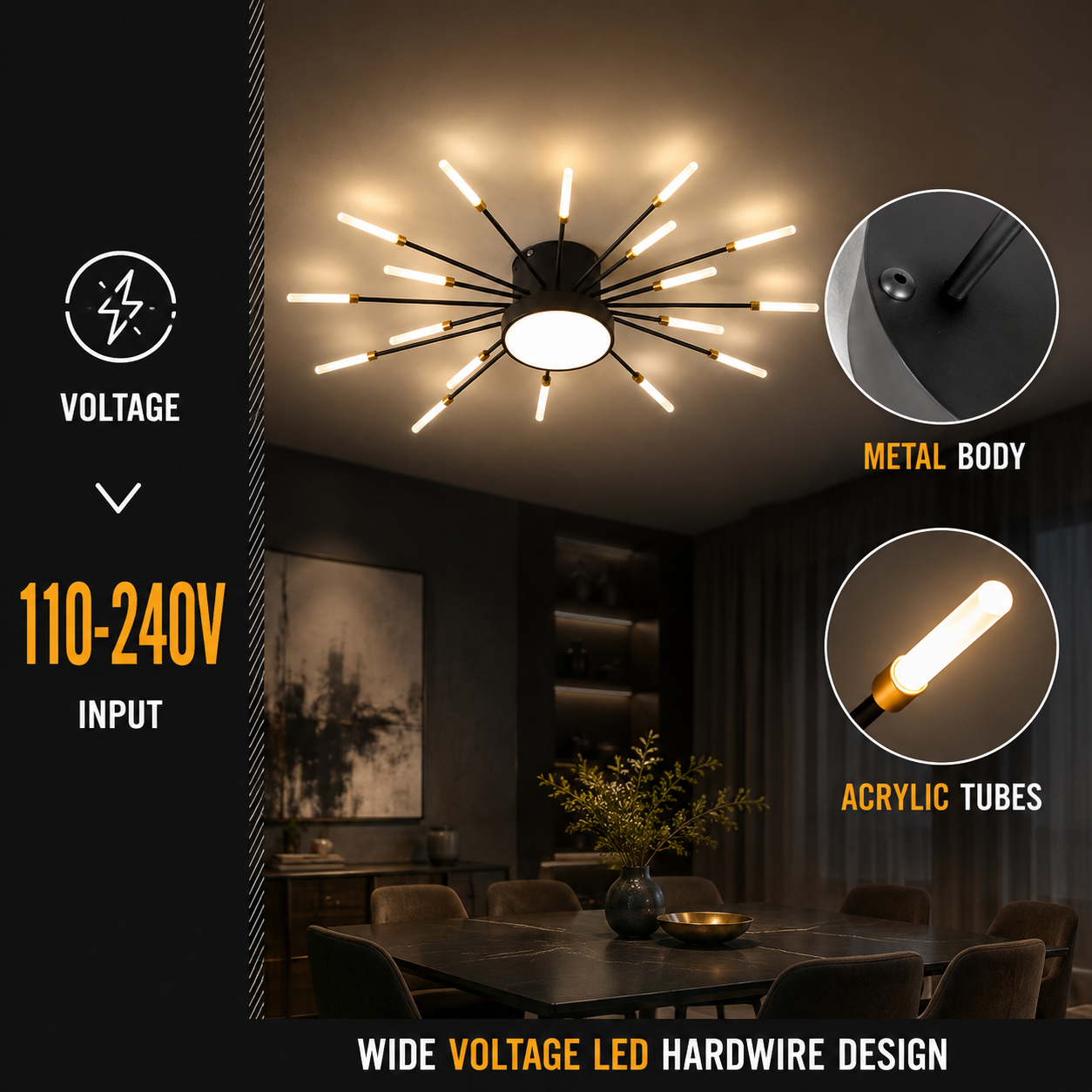 Ceiling light feature graphic with voltage text and close-ups of the black frame and LED rod.