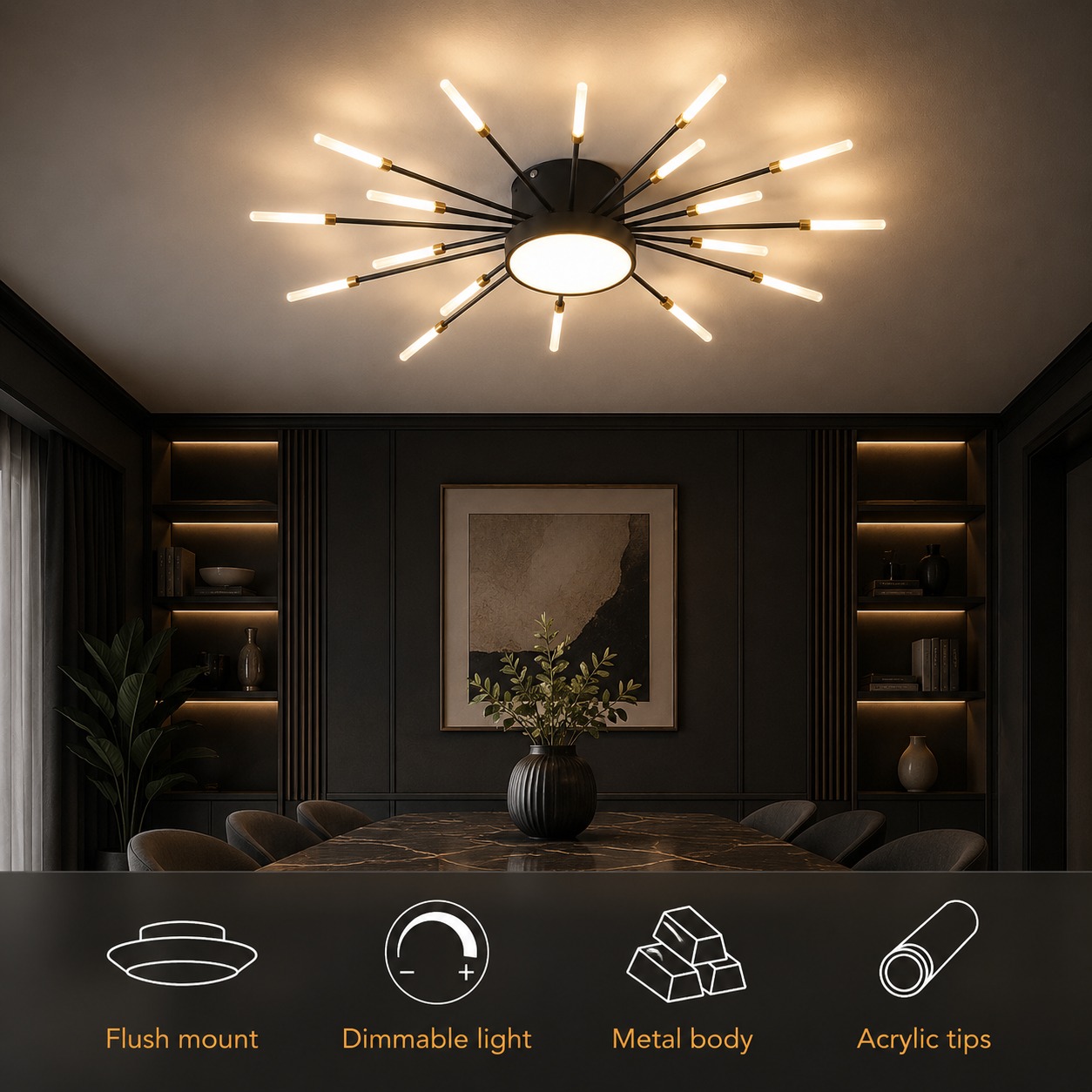 Ceiling light glowing in a dark living room with four feature icons along the bottom.