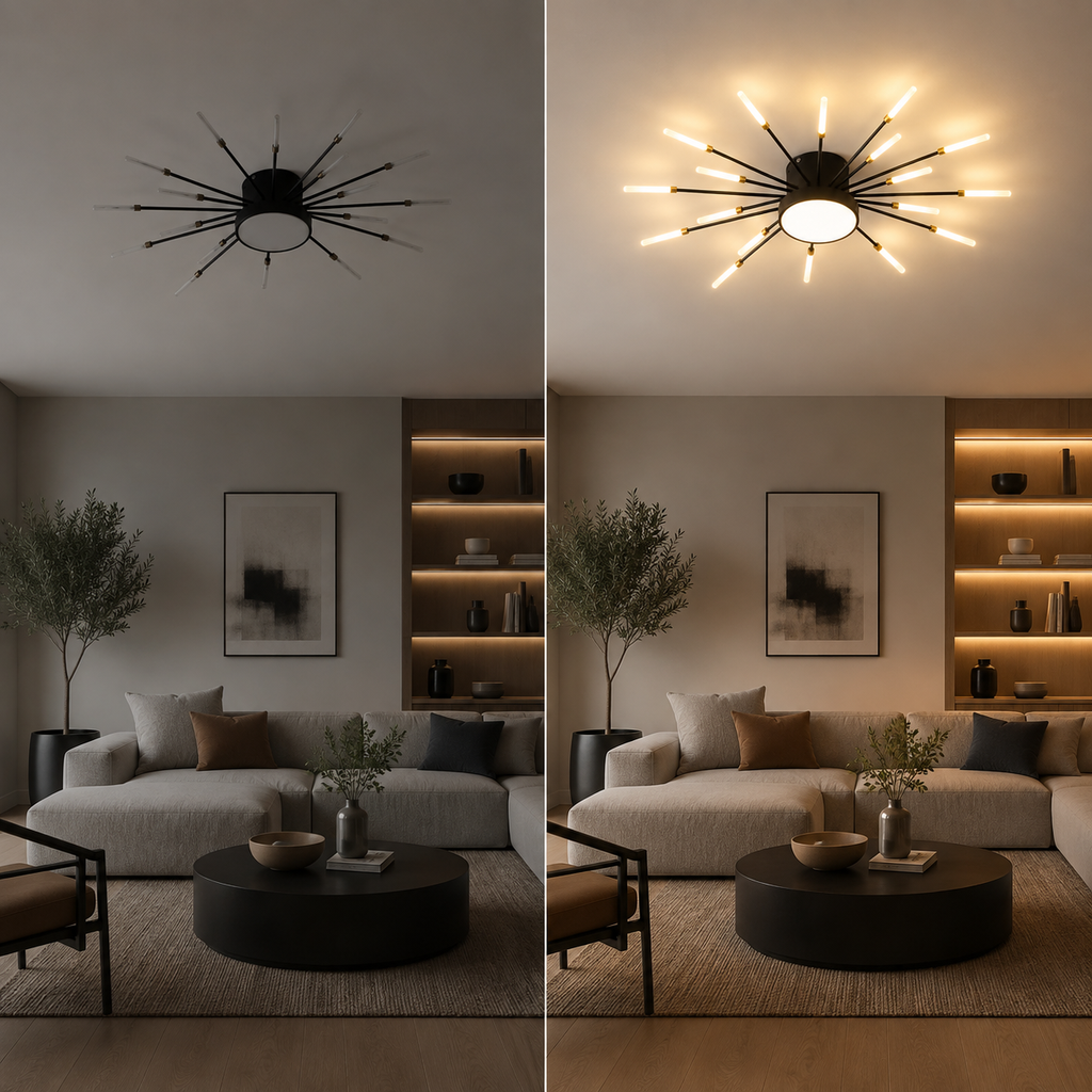 Ceiling light shown side by side in the same living room with the fixture off and on.