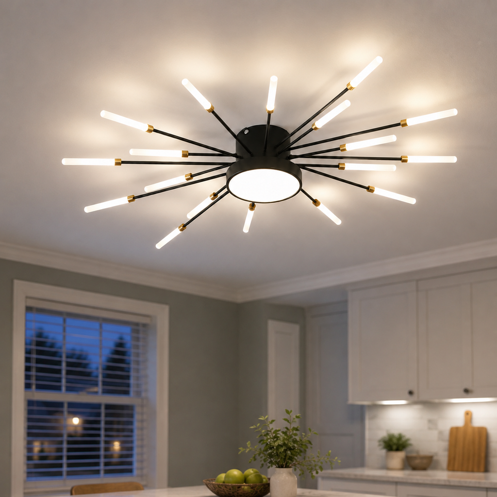 Black starburst ceiling light glowing in a light kitchen and dining area at dusk.