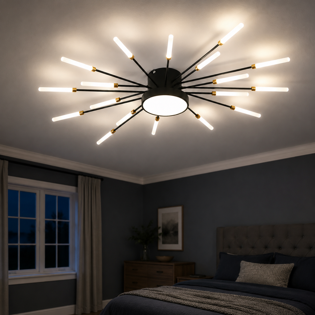 Black starburst ceiling light illuminating a dark bedroom with a window and upholstered bed.