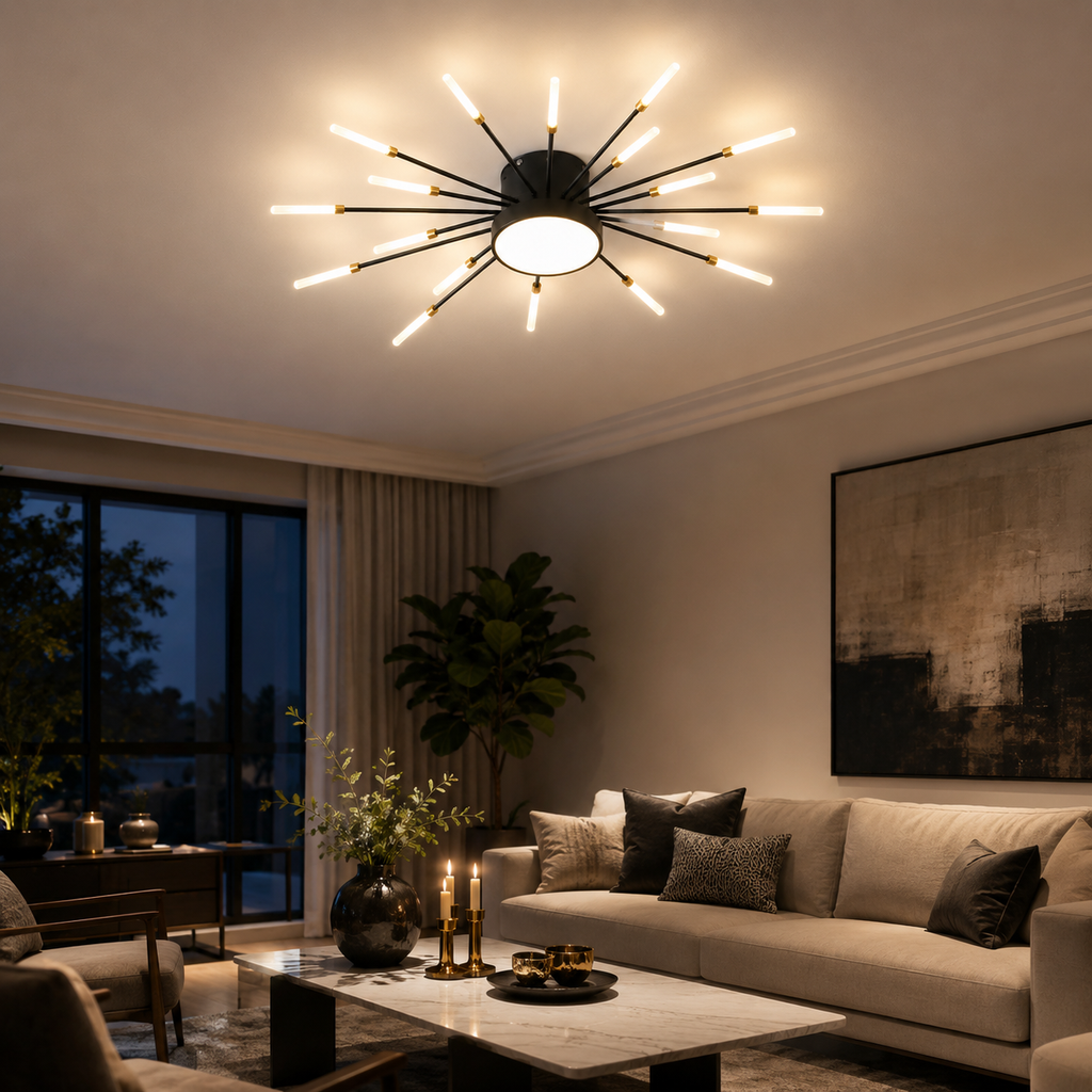 Black starburst ceiling light glowing above a living room sofa in an evening interior.