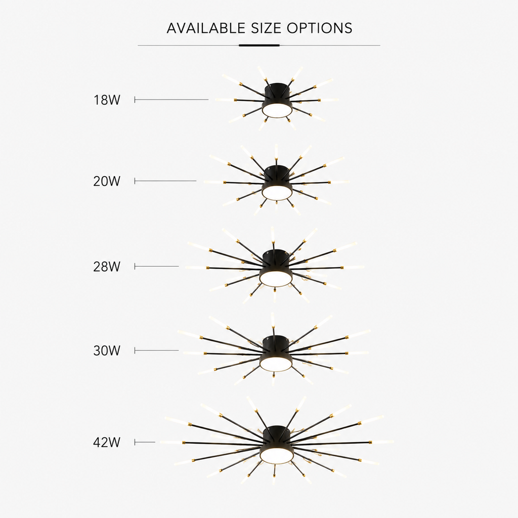 Ceiling light size chart showing five fixture diameters with measurement labels.