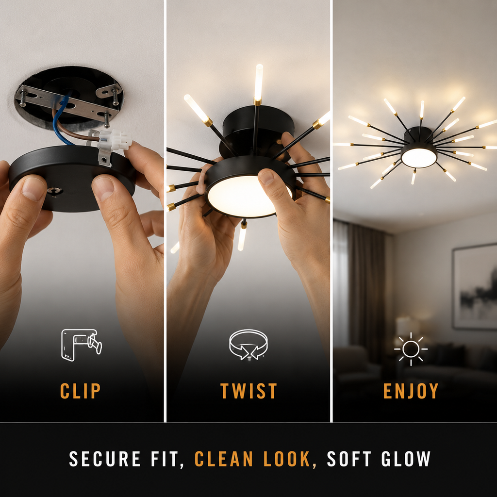 Ceiling light installation sequence showing hands attaching the fixture to a ceiling mount.