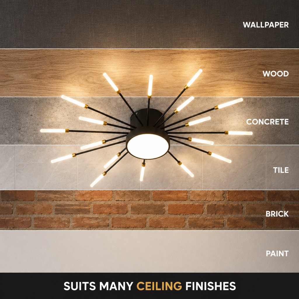 Ceiling light shown against several labeled ceiling finishes from light to dark.