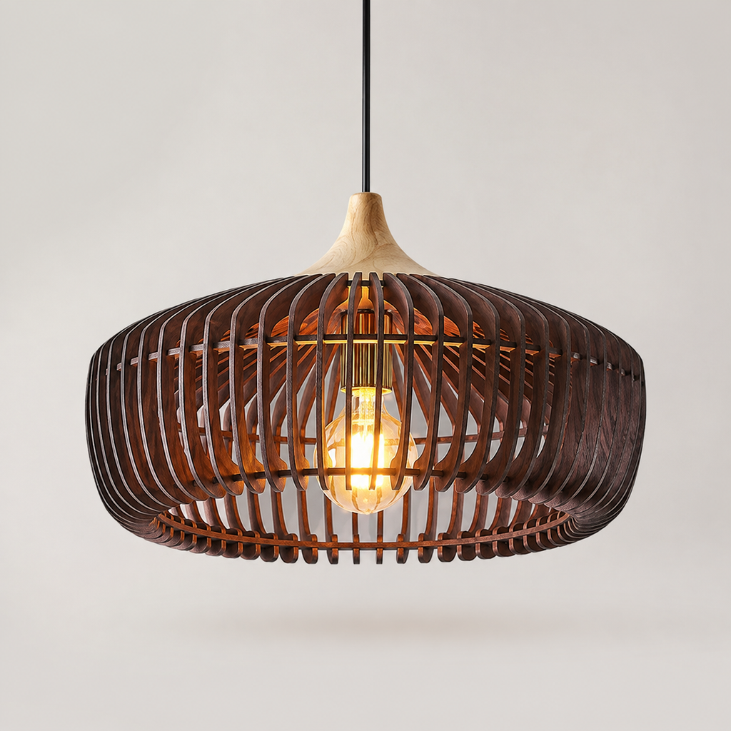 Dark wood slatted pendant light with a wide rounded shade, light wood top, and exposed glowing bulb.