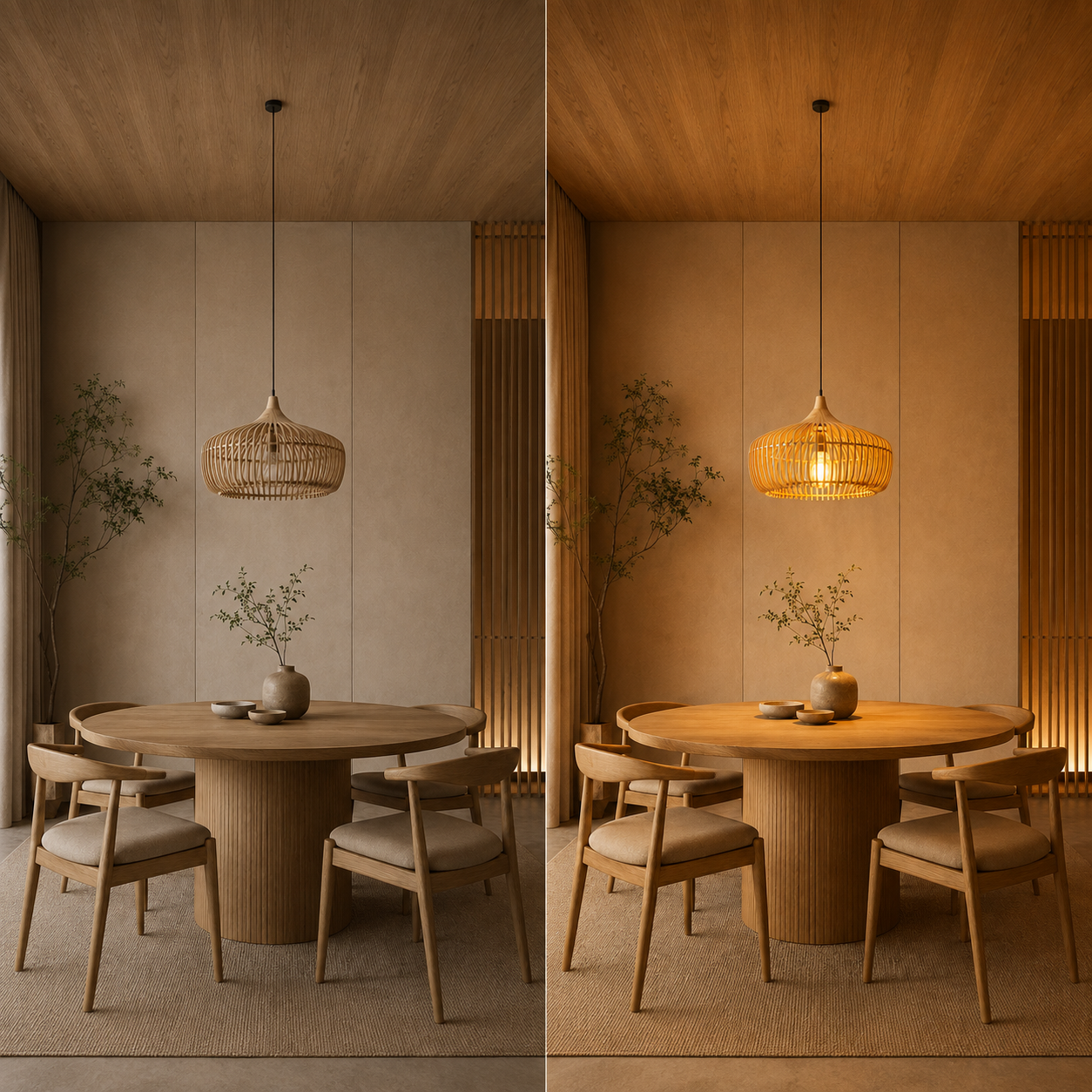 Wood pendant light shown switched off and on above the same dining table.